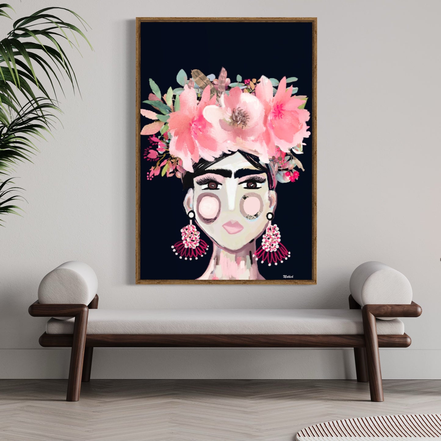 Frida Bloom Canvas Print (Back ground colour #000718)