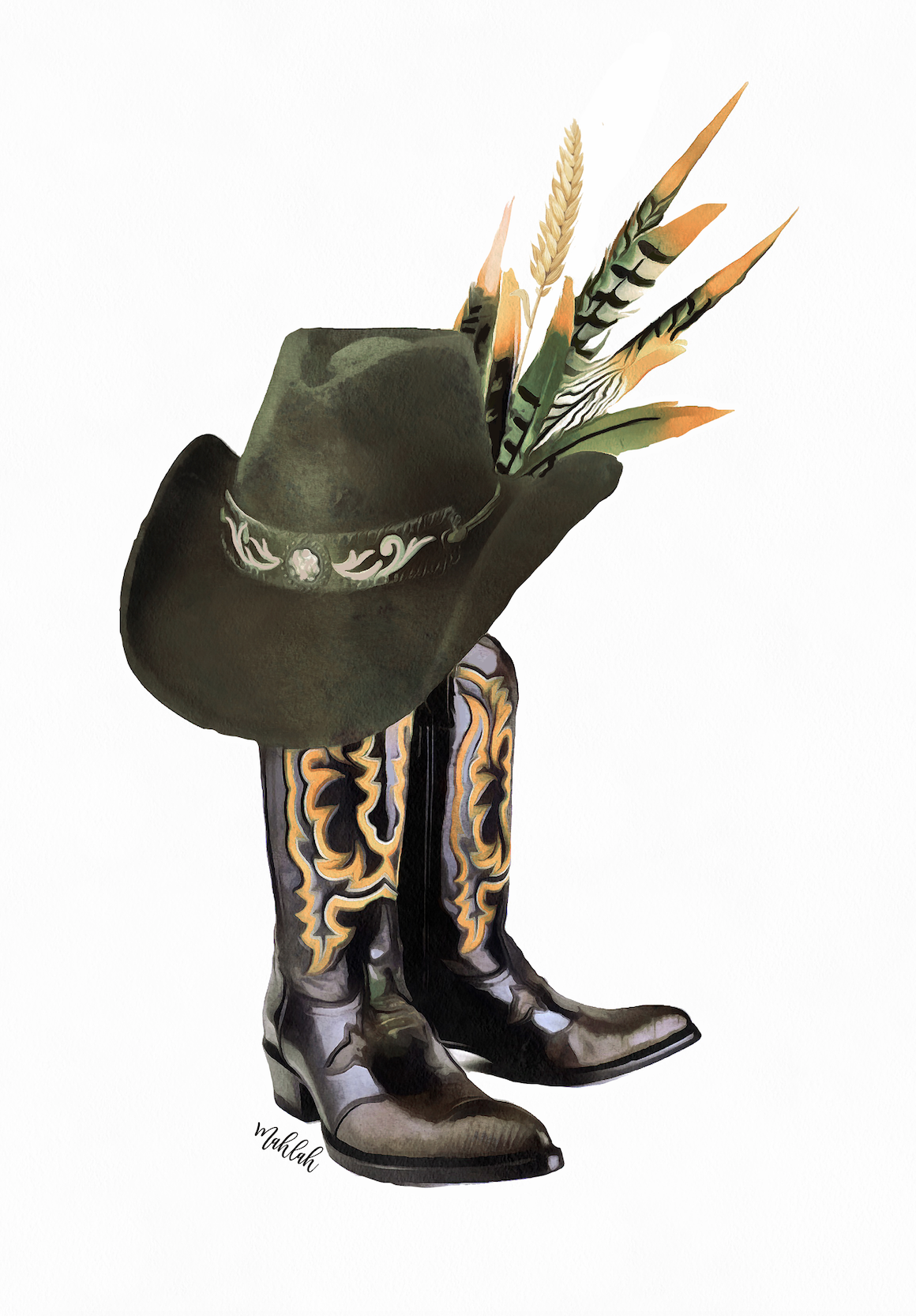 Cowboy Boots  (Green/Orange )  Print